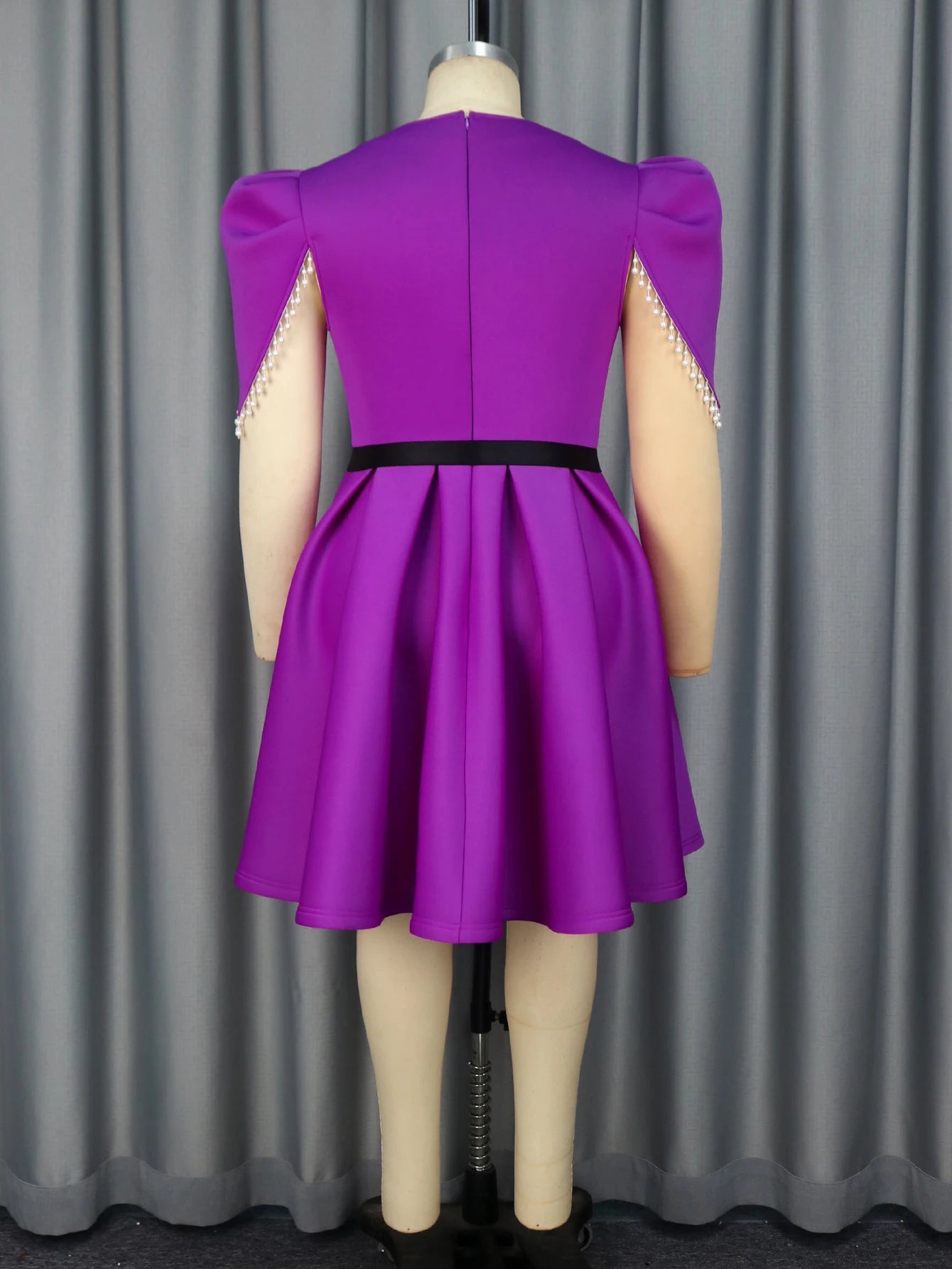 AOMEI Square Neck a Line Puff Sleeves with Beading Elegant Lady Birthday Purple Party Casual Dress with Black Belt