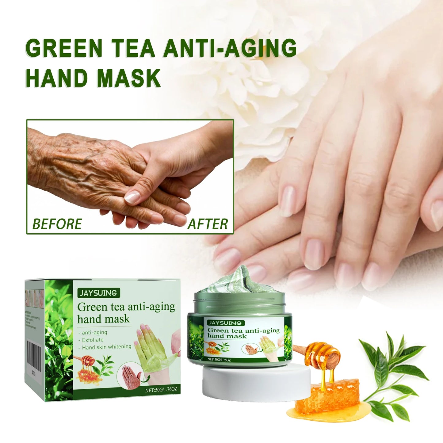 Jaysuing Moisturizing Hand Mask Anti-Wrinkle Green Tea Formula for Firm Repair Removes Dead Skin Calluses