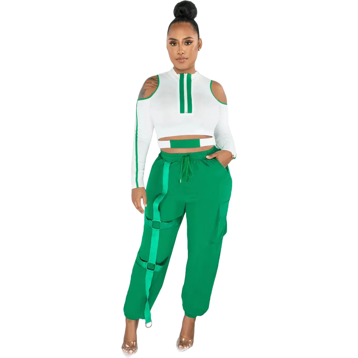 2023 New Summer Fashion Stitching Hollow Out Cold Shoulder 2 Piece Pant Set