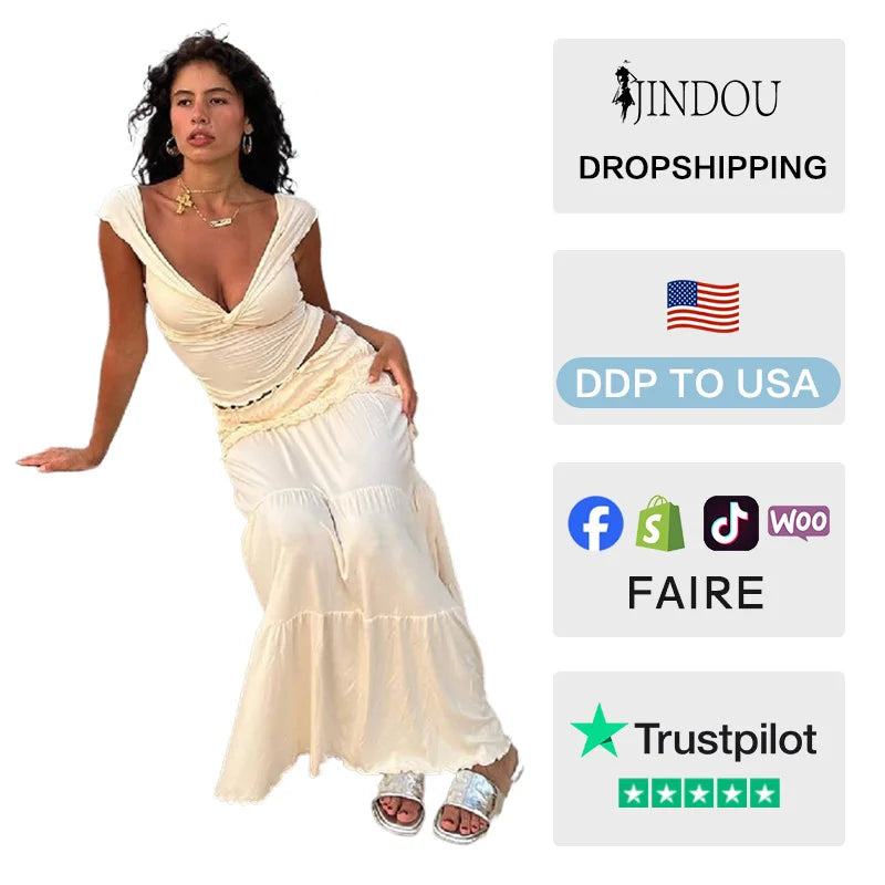 2026 Women Summer Casual Tank Top Skirt Set Sexy V-Neck Solid Color Slim Skinny Fit Wrinkled Edge Daily Wear Dress Set