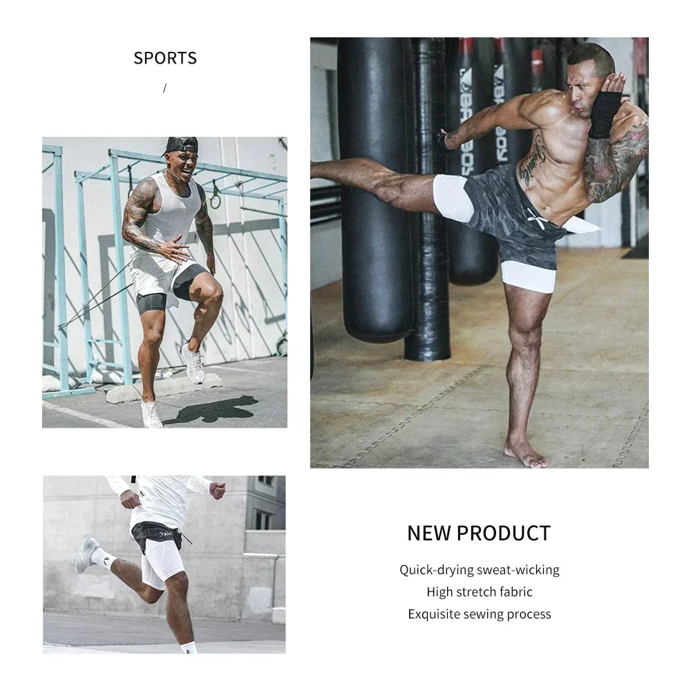 Men's 2-in-1 Camo Quick Dry Yoga and Running Shorts Compression Inner Layer Gym Fitness Jogging Pants