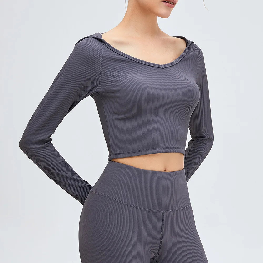 High Quality Ribbed Long Sleeve Workout Hoodie Crop Tops Outdoor Training Fitness Gym Shirts Women's Pullover Cropped Hoodies