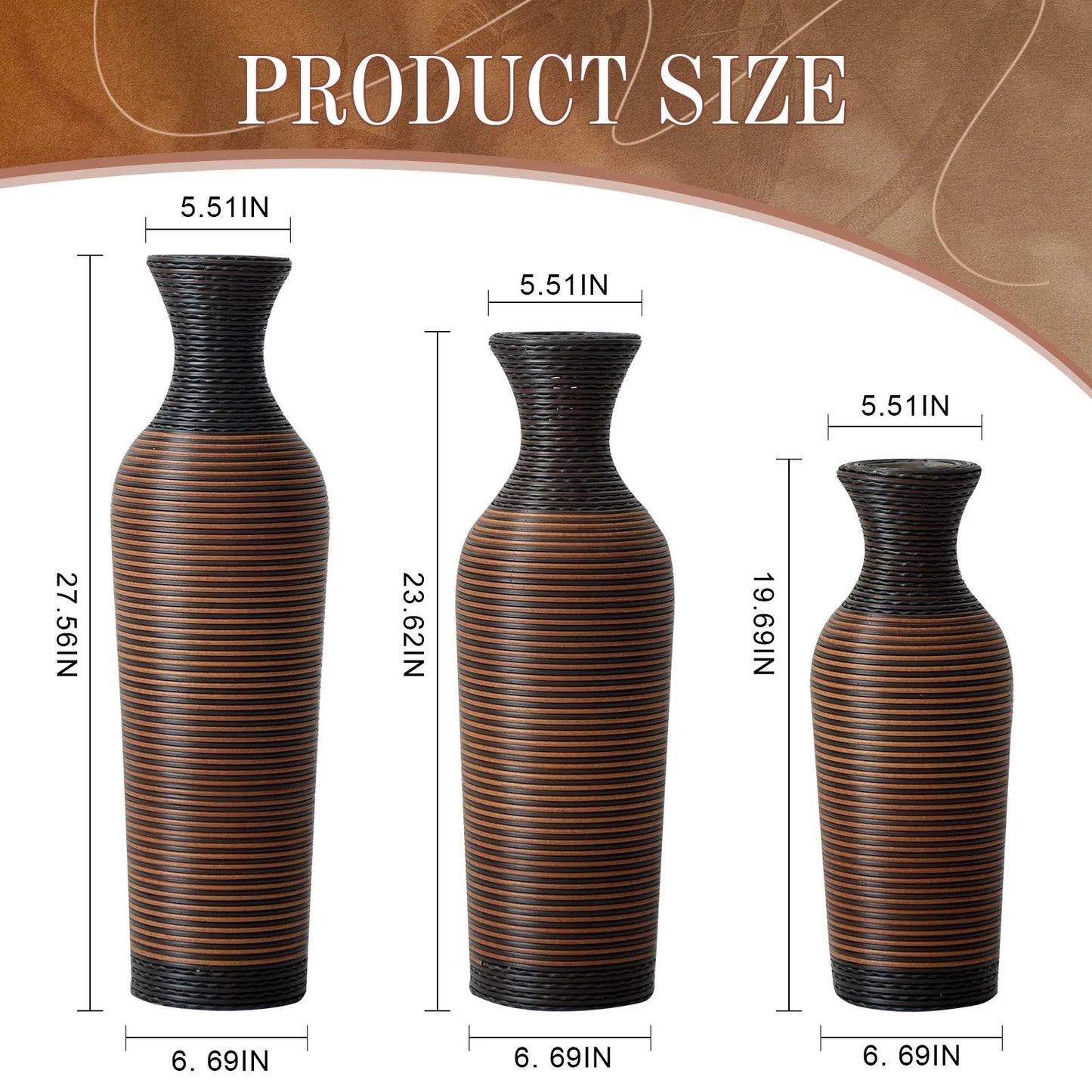 Set of 3 Brown Hand-Woven PVC Rattan Vases 27.56in 23.62in 19.69in Tall Farmhouse Decorative for Outdoor Home Decor