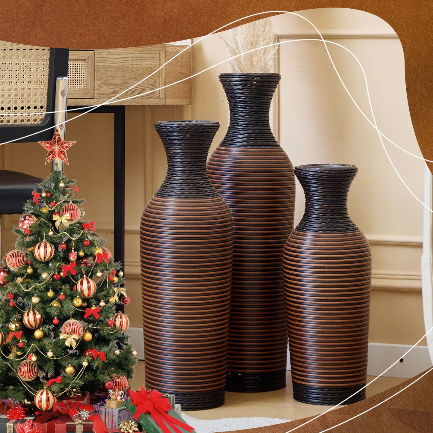 Set of 3 Brown Hand-Woven PVC Rattan Vases 27.56in 23.62in 19.69in Tall Farmhouse Decorative for Outdoor Home Decor