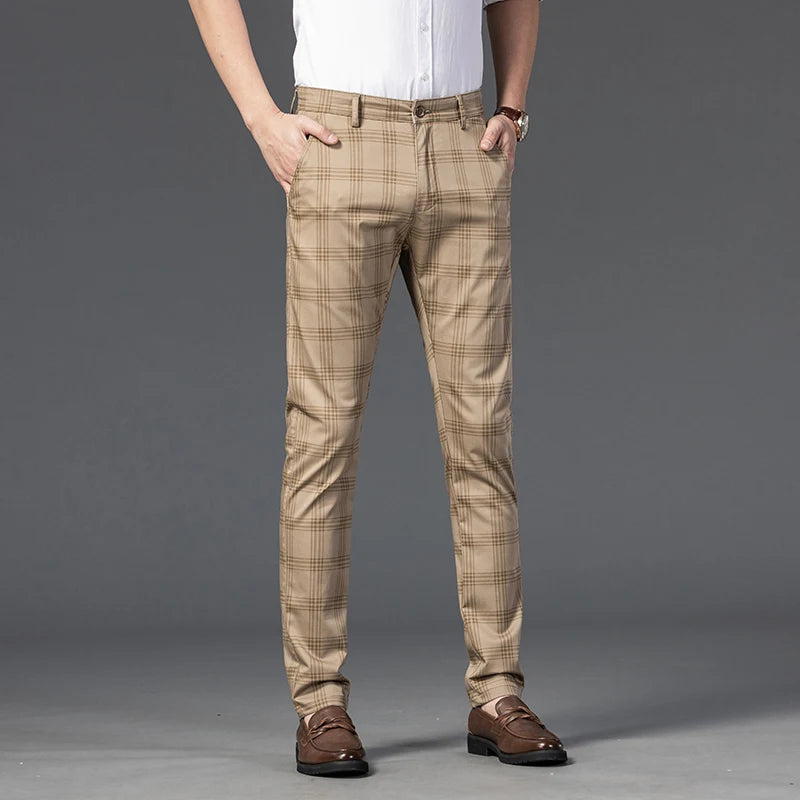 2025 Spring New Men's Plaid Casual Pants Business Fashion Slim Stretch Male Skinny Trousers Brand Clothes 7 Color