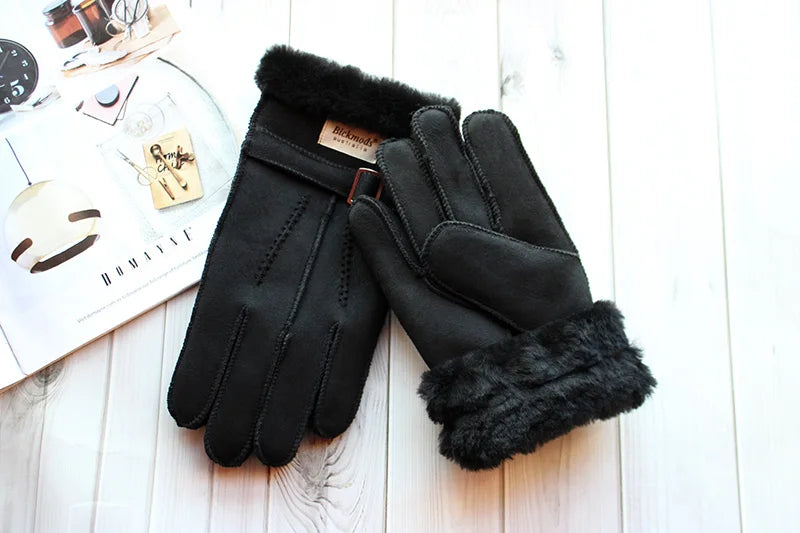 Sheepskin Fur Gloves Men's Thick Winter Warm Large Size Outdoor Windproof Cold Hand Stitching Sewn Leather Finger Gloves