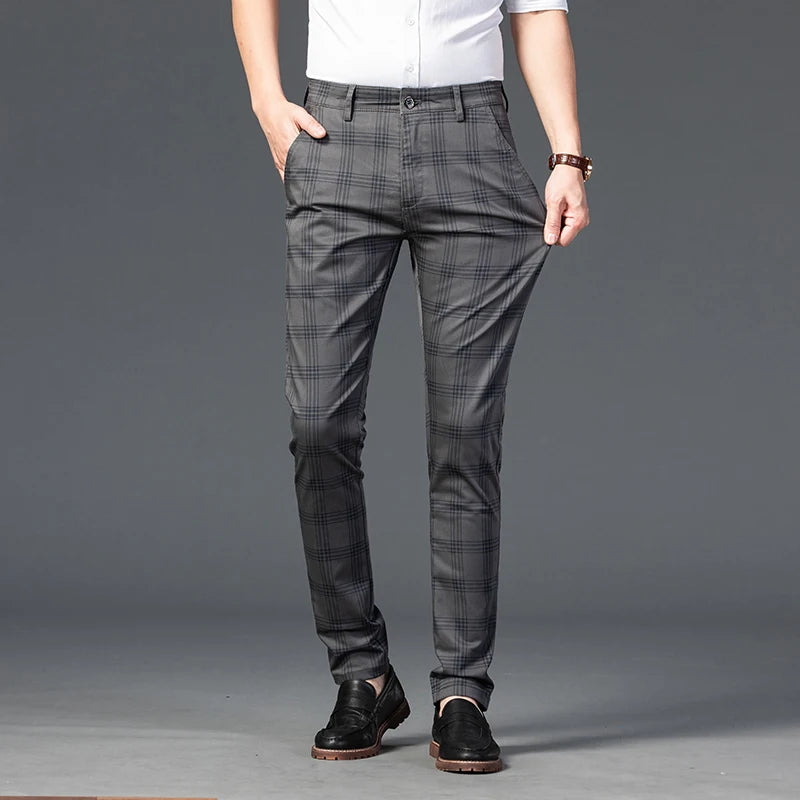 2025 Spring New Men's Plaid Casual Pants Business Fashion Slim Stretch Male Skinny Trousers Brand Clothes 7 Color