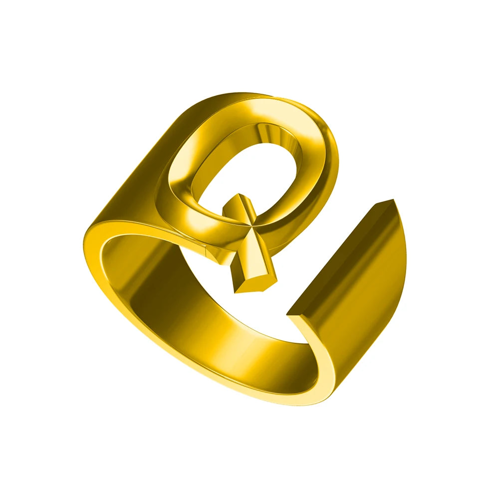 Letter Ring A-Z  26 Capital Letters Plated  Real 18K Gold Opening Adjustable Man Women Fashion Jewelry Rings