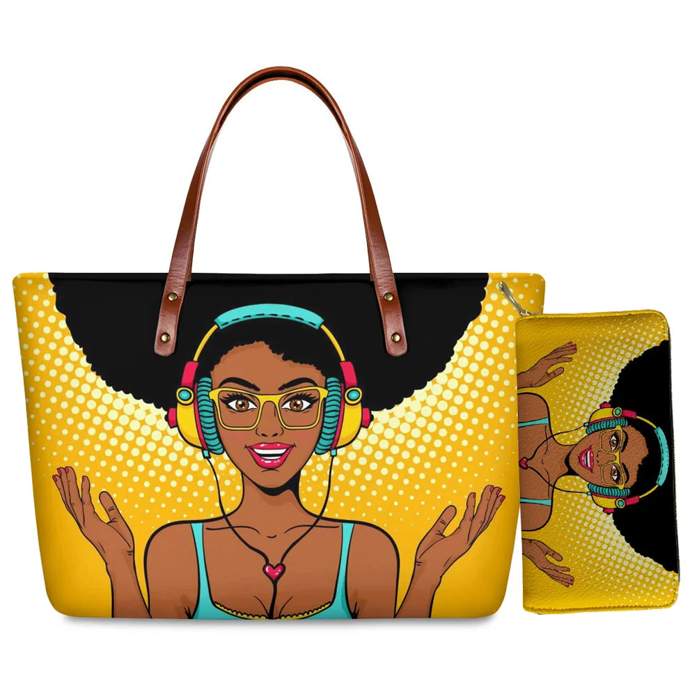 High Quality Latest Custom Pattern Women Hand Bags Black Art African Girls Printed Top Handle Tote Bag Luxury Purse for Ladies