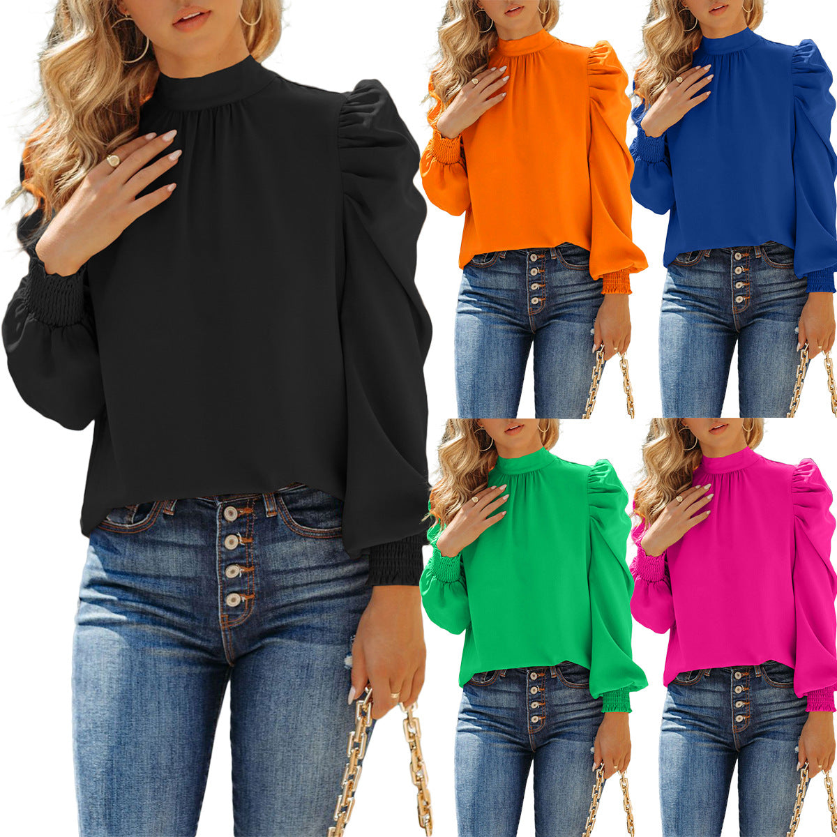 Elegant Blouse for Women Autumn/winter Mock Neck Shirred Puff Sleeve Top Loose Fit Shirt New In Office Lady Pullover Work Blouse