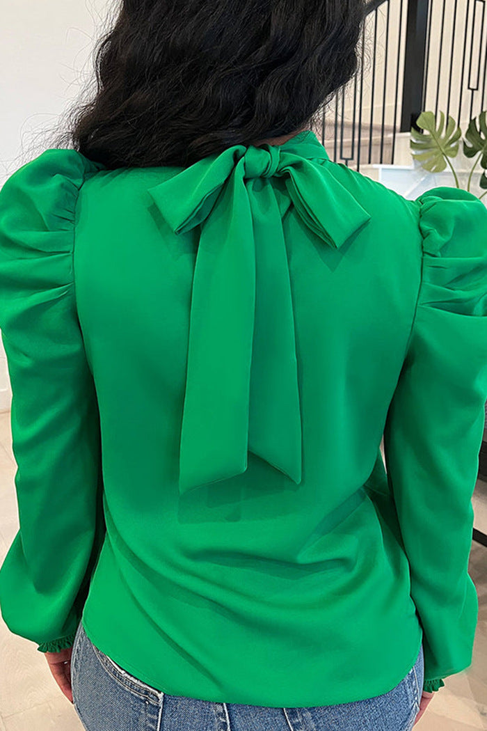 Elegant Blouse for Women Autumn/winter Mock Neck Shirred Puff Sleeve Top Loose Fit Shirt New In Office Lady Pullover Work Blouse