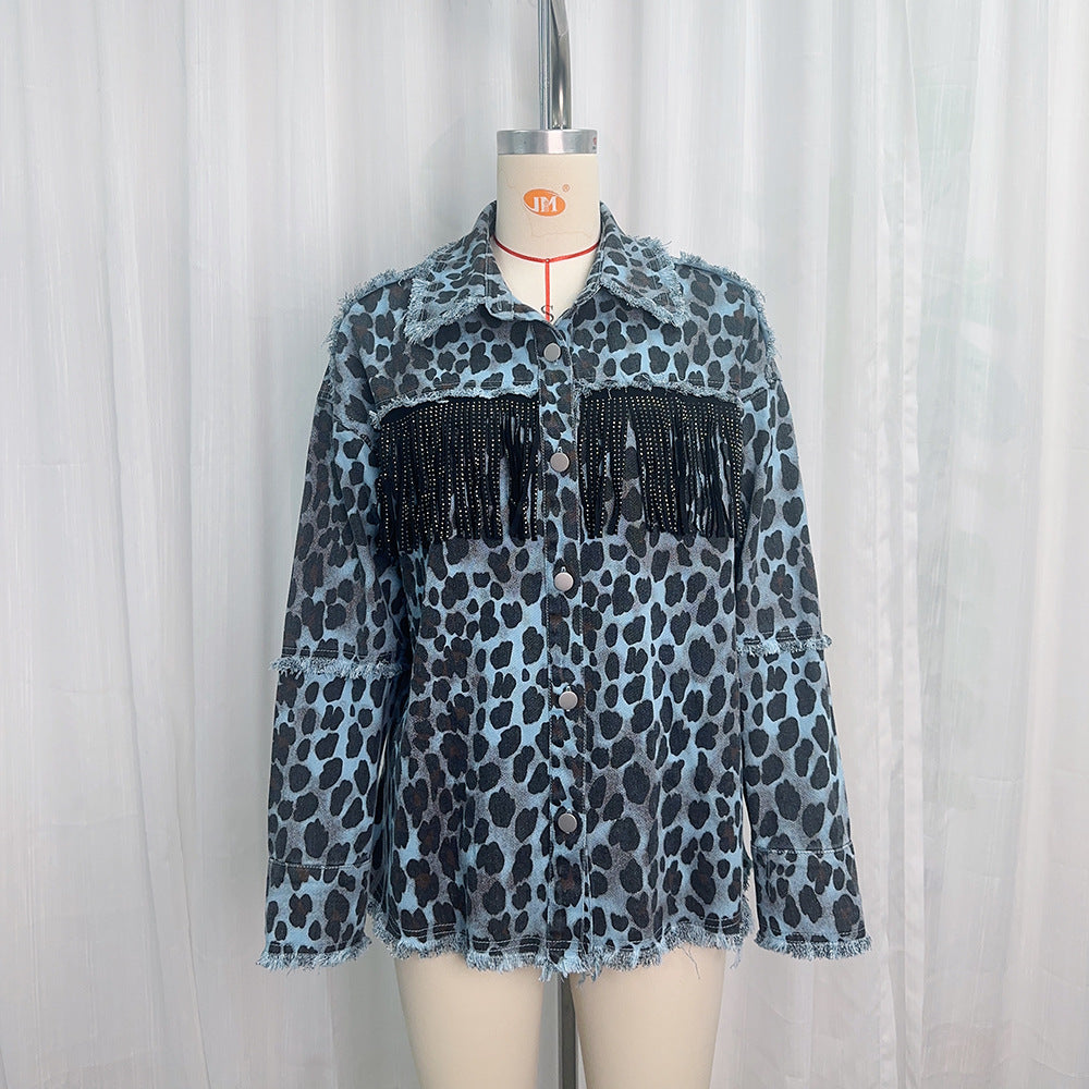 Women Spring Diamonds Beaded Tassels Washed Old Leopard Printed Denim Jacket Fringed Jeans Coat Cowboy Cardigan Streetwear Tops
