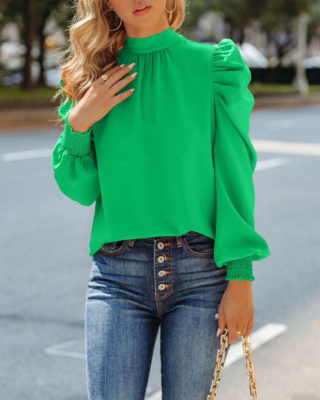 Elegant Blouse for Women Autumn/winter Mock Neck Shirred Puff Sleeve Top Loose Fit Shirt New In Office Lady Pullover Work Blouse