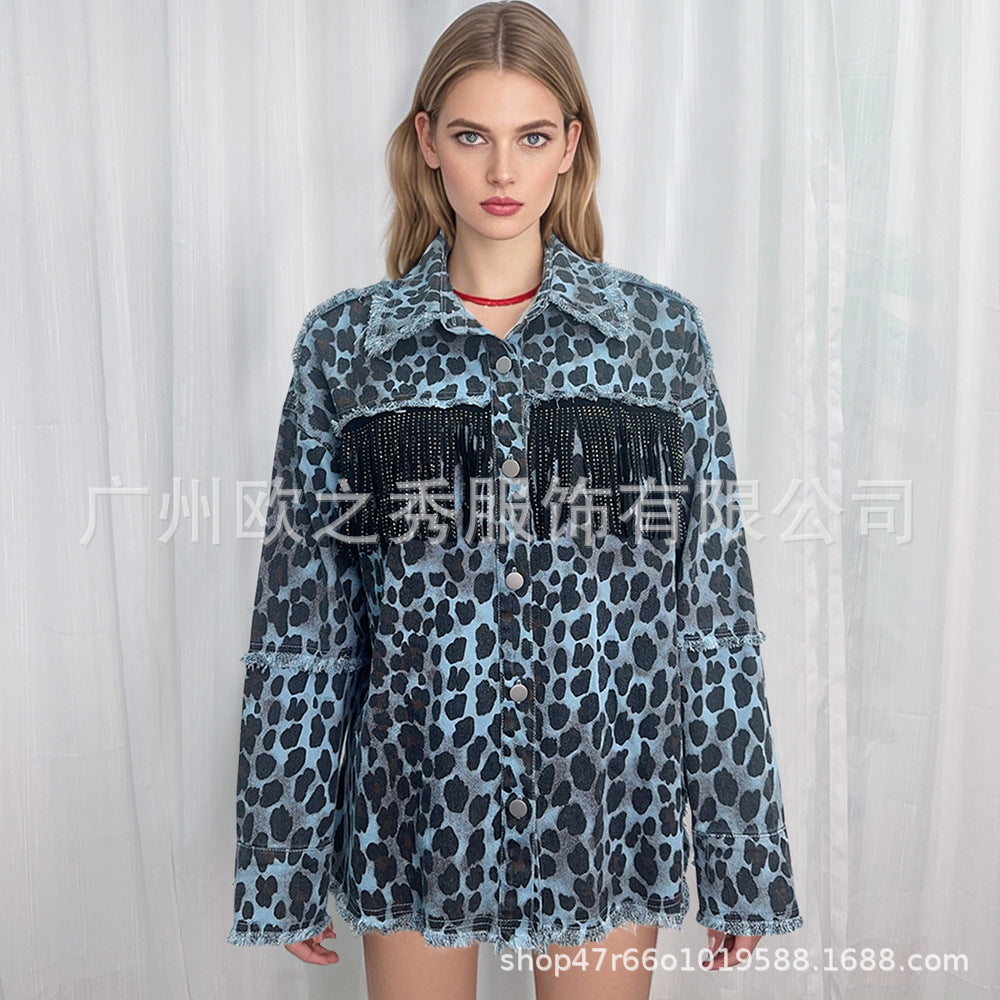 Women Spring Diamonds Beaded Tassels Washed Old Leopard Printed Denim Jacket Fringed Jeans Coat Cowboy Cardigan Streetwear Tops