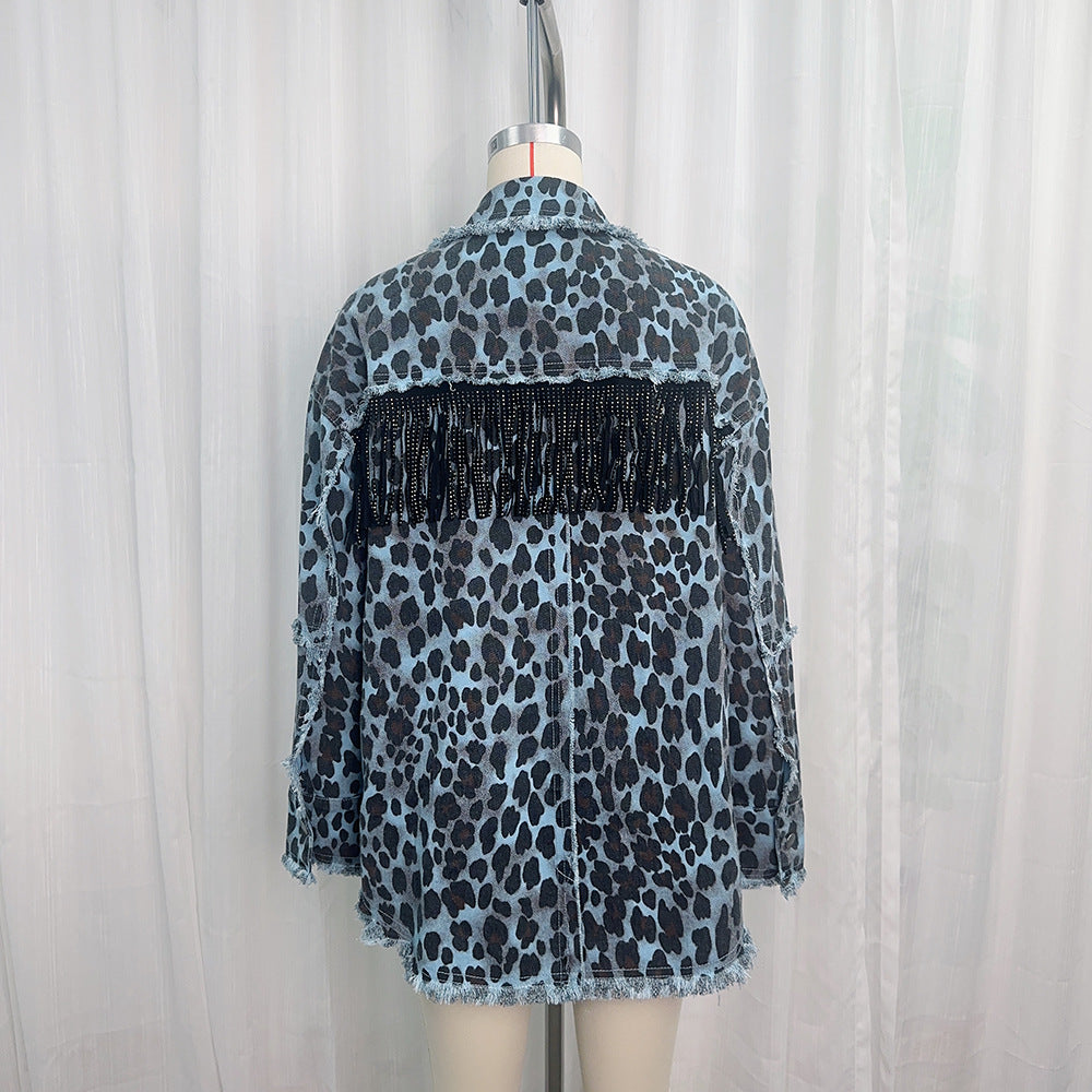 Women Spring Diamonds Beaded Tassels Washed Old Leopard Printed Denim Jacket Fringed Jeans Coat Cowboy Cardigan Streetwear Tops