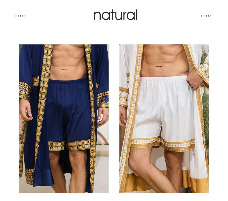 Spring Summer New Men Pajama 2PCS Robe Shorts Set Baroque Style Silk Satin Kimono Bathrobe Gown Loose Home Clothing Loungewear