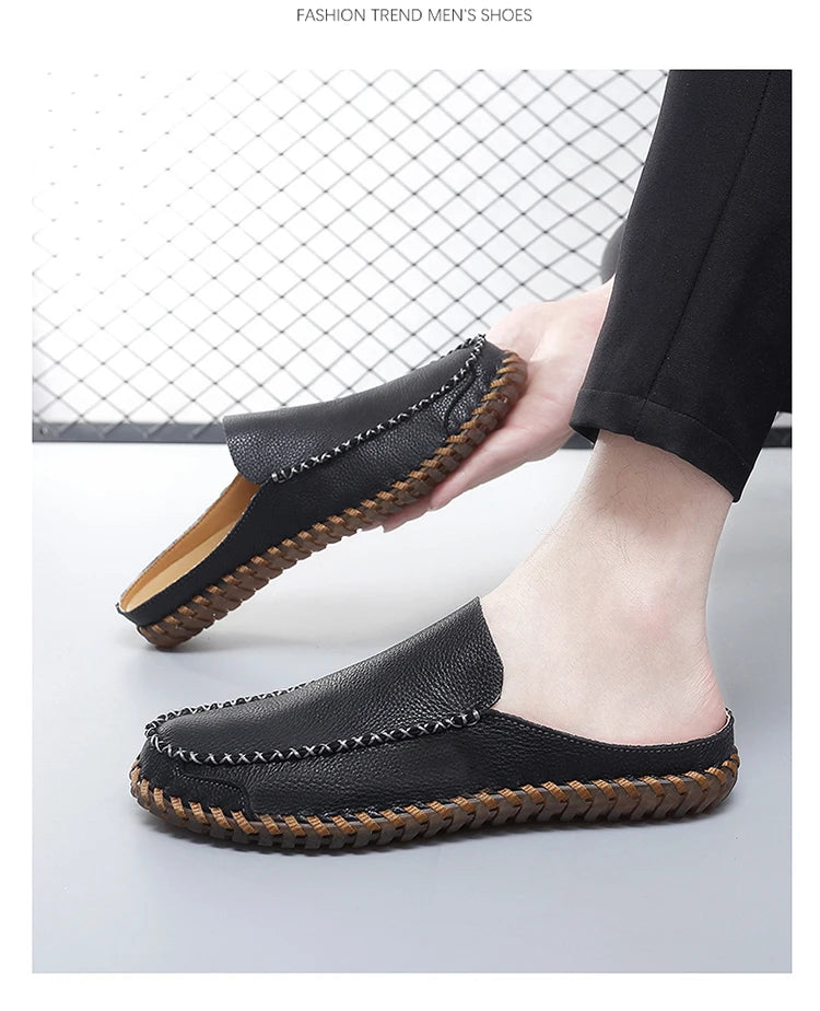 Plus Size 38-48 Handmade Mules Mens Backless Loafers Slippers Half Shoes For Men Slide Closed Toe Sandals Semi-Drag Casual Shoes