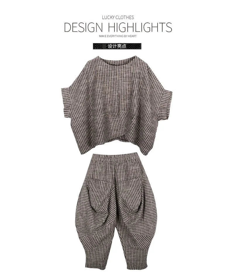 Summer New Women's Suits RETRO Art Stripe Short Sleeve T-shirt Loose Top Women's Knickerbockers Casual Pants Two Piece Sets