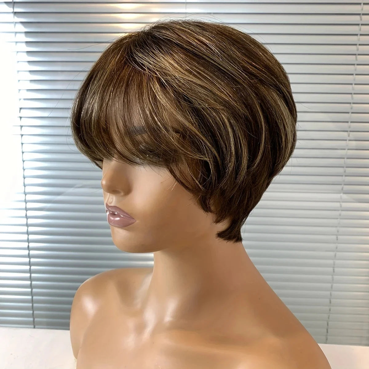 Pixie Cut Wig with Bangs 100% Brazilian Remy Human Hair Natural Black Short Bob Style Full Machine - Made wig