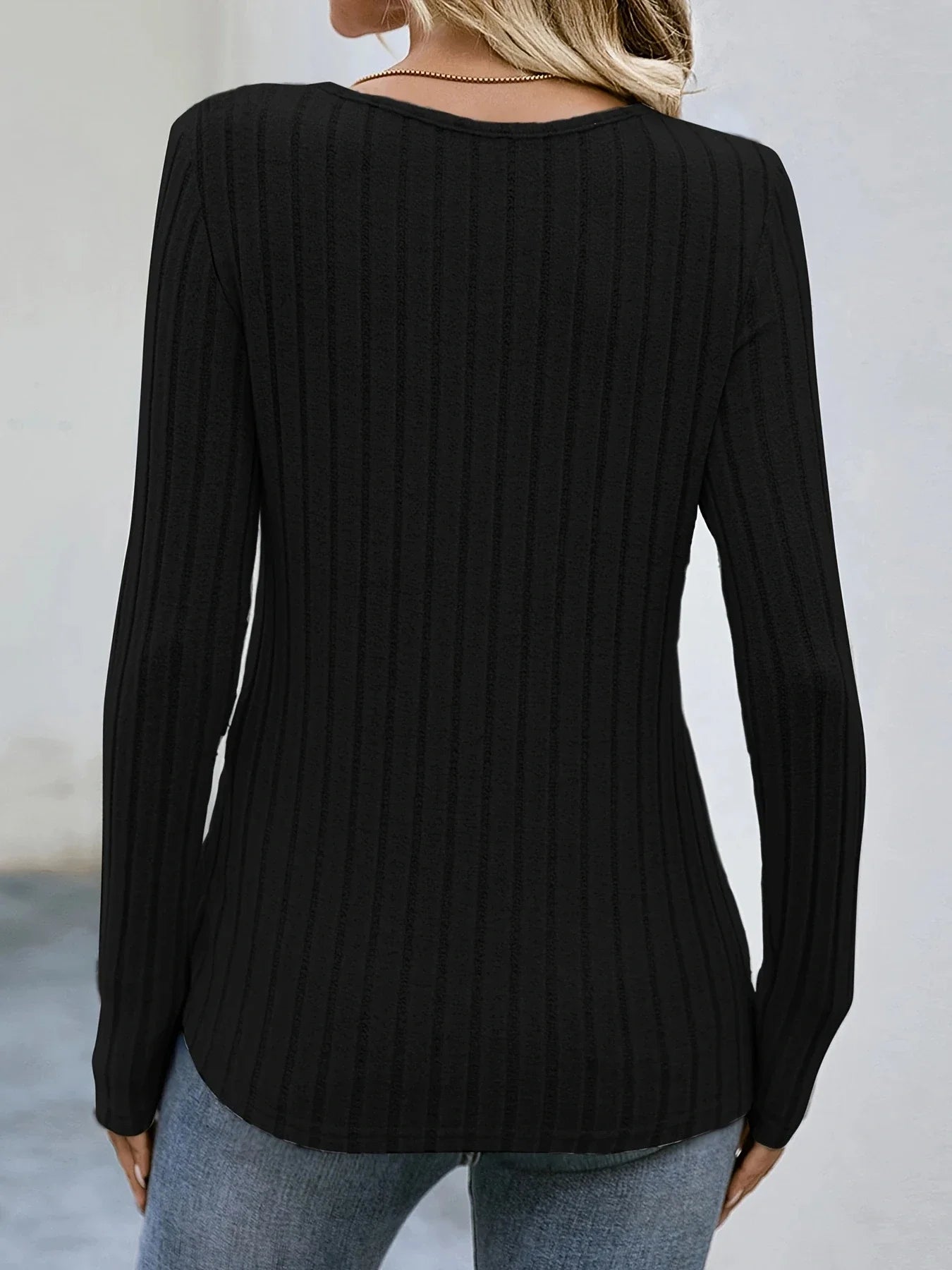 Square Neck Solid Ribbed Button DecorT-Shirt Casual Long Sleeve Top For Spring & Fall Women's Clothing