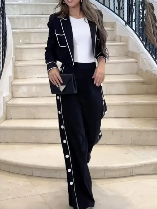 Bonboho Women's Casual Pants Set Blazer Coat and Wide Leg Pants 2024 Spring and Summer Stylish Two-piece Suit for Office Ladies