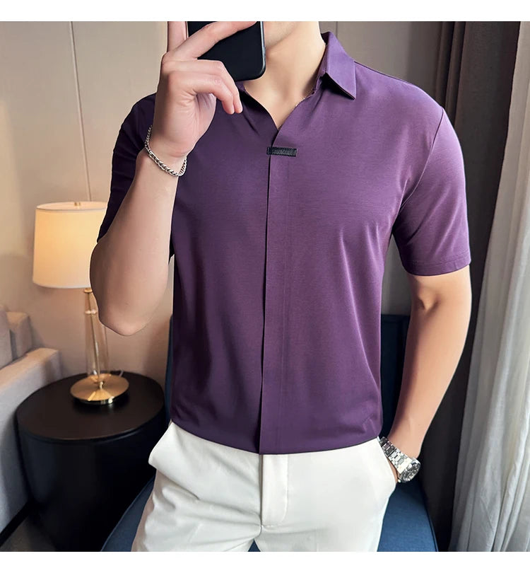 Luxury Purple Polo Shirts For Men High Quality Summer Short Sleeve Men's Polos Ice Silk Elastic Slim Fit Turn Down Collar Tees
