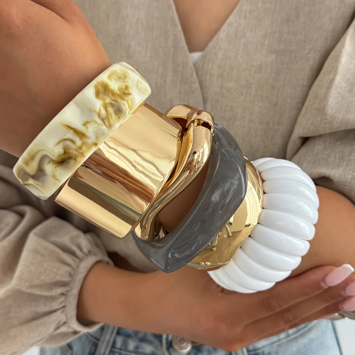PuRui 6Style Exaggerated Irregular Chunky Acrylic Resin Wide Bracelet Trend Creative Stackable Spring Bangle Grunge Rock Jewelry