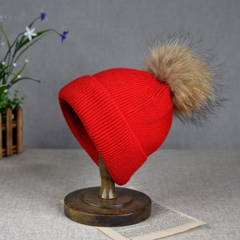 Hot selling autumn and winter parent-child woolen hats raccoon fur balls warm sleeves knitted hats trendy