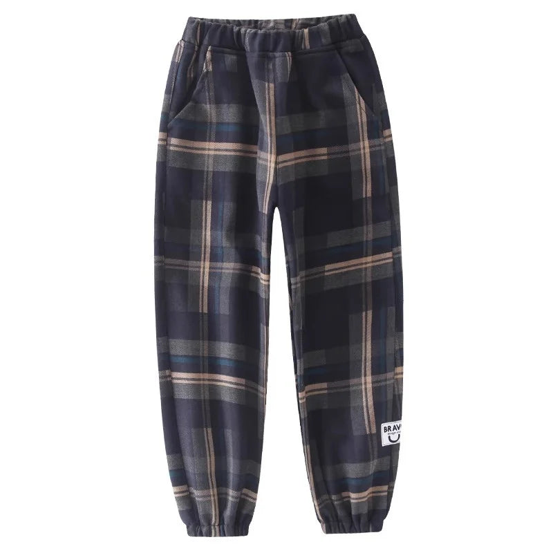 Boys Thick Plaid Pants Spring Autumn Girls Plus Velvet Warm Drawstring Kids Trend Trousers Fashion Teen Sport Casual Pants 4-12Y