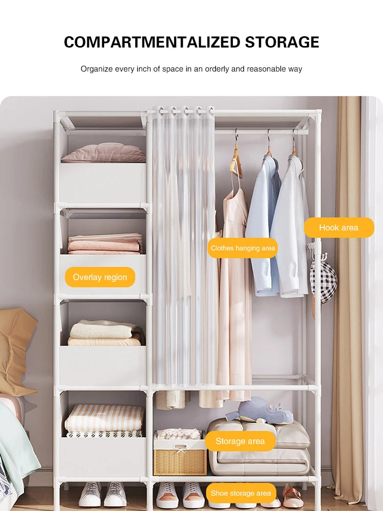 Wardrobe Folding Portable Clothing Storage Cabinet Non-Woven Dustproof Simple Steel Assembly Closet Multipurpose Furniture