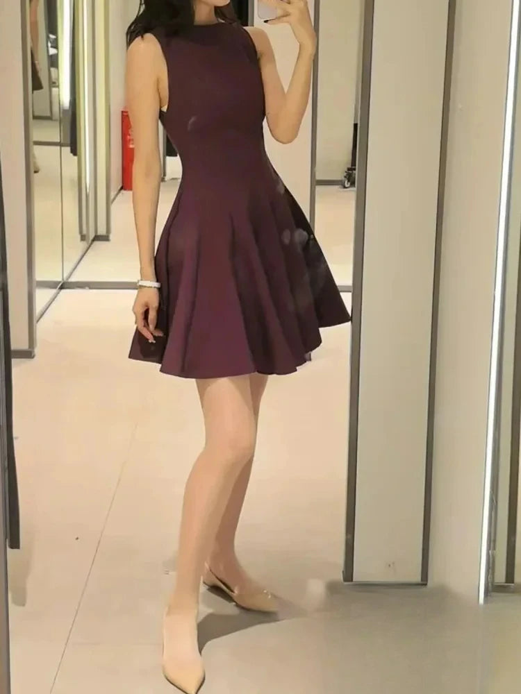 KONDALA Vintage Casual Chic  Women Dress Solid Sleeveless O-Neck Zipper Mini Dress New Fashion 2025 Spring Summer Female Dress