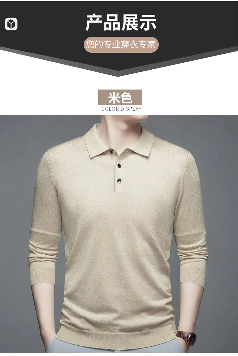 Men's Fine Wool Sweater Polo Collar Pullover Spring Autumn New Cashmere Knitwear Smart Casual Loose Men's Shirts Warm Soft Tops