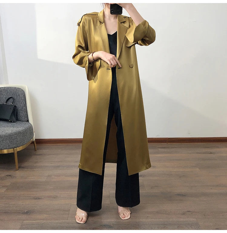 Lautaro Spring Autumn Long Soft Luxury Elegant Flowy Satin Acetate Trench Coat for Women High Quality Chic British Fashion 2022