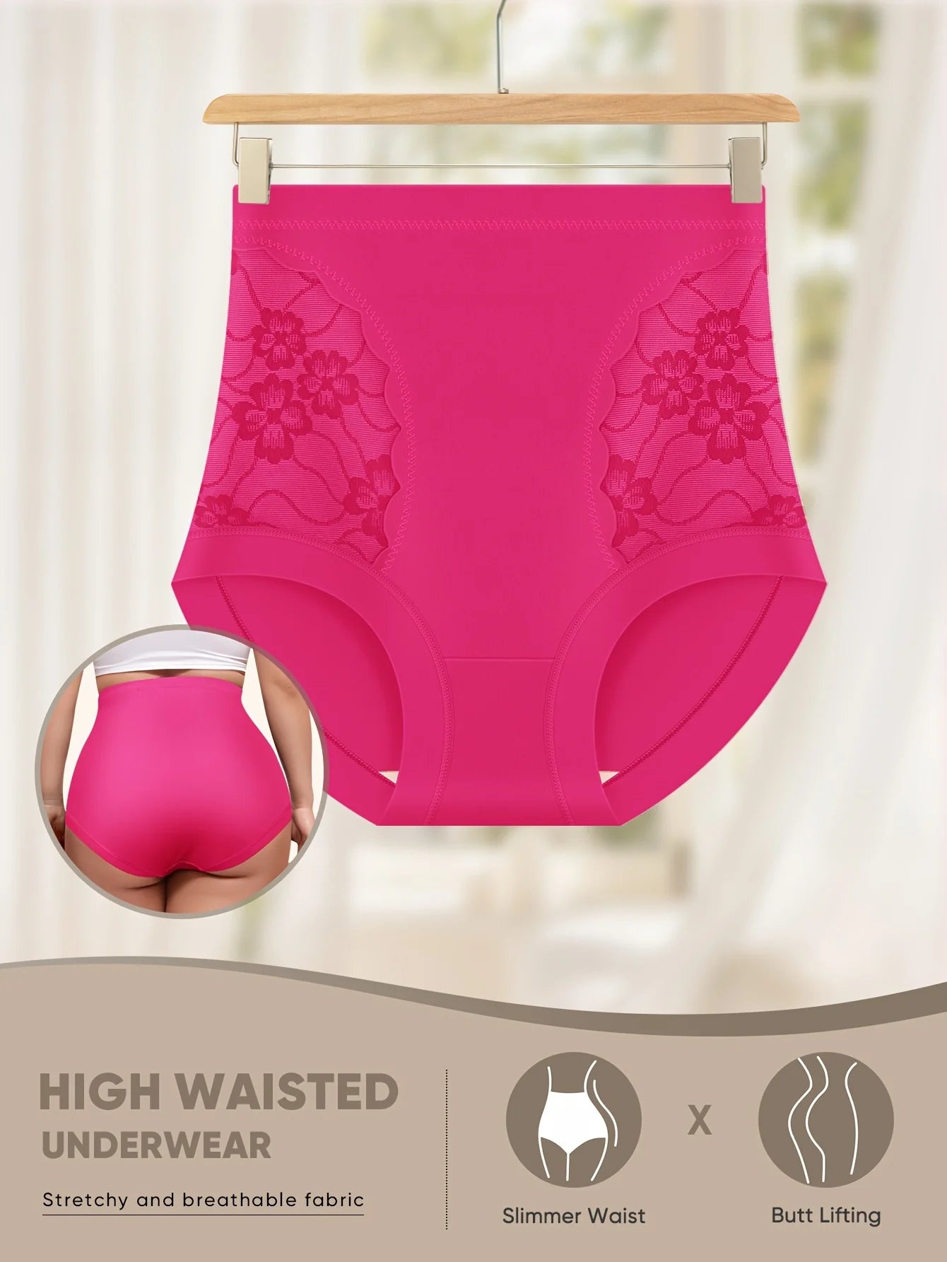 Women'S Plus Size High-Waisted Panties - Pink with Lace Floral Pattern, Breathable & Comfortable, 1XL-5XL, Polyester Material,