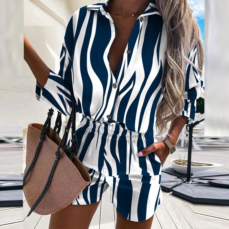 Fashion Women Print Two Piece Sets 2022 Spring Summer Turn-down Neck Long Sleeve Shirt Tops Short Pant Suit Lady Casual Outfit
