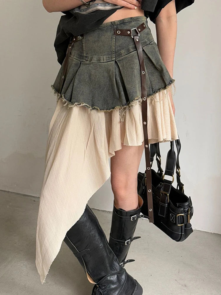 EAM Color-block Irregular Spliced High Elastic Waist A-line Mini Denim Skirt Women Fashion Tide New Spring Autumn 2026 30A3307