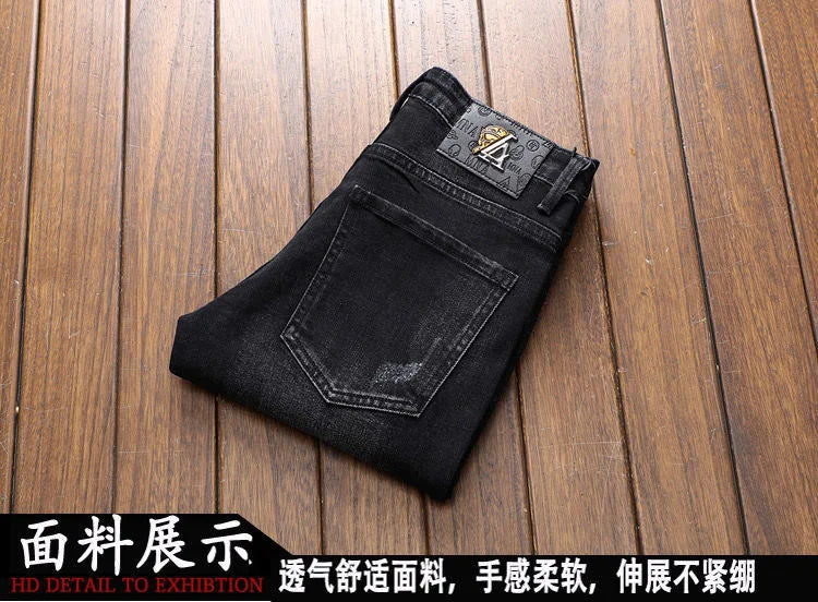 2024 Spring and Autumn New Fashion Trend Retro Ripped Small Foot Pants Men's Casual Slim Breathable Elastic High-Quality Jeans