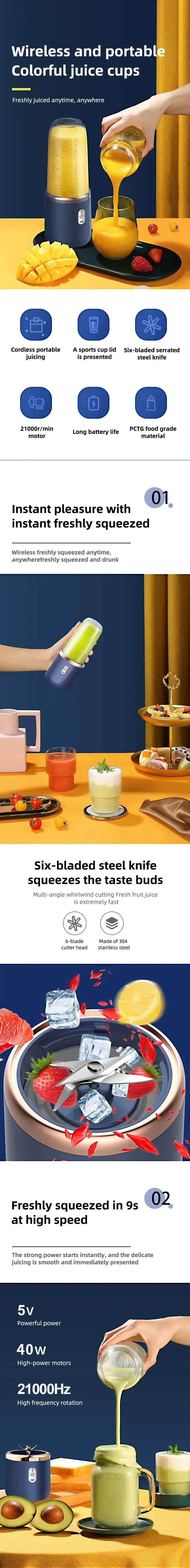 6 Blade 400ml Portable USB Blender Electric Travel Juicer Cup Mini Kitchen Tool for Smoothies Shakes