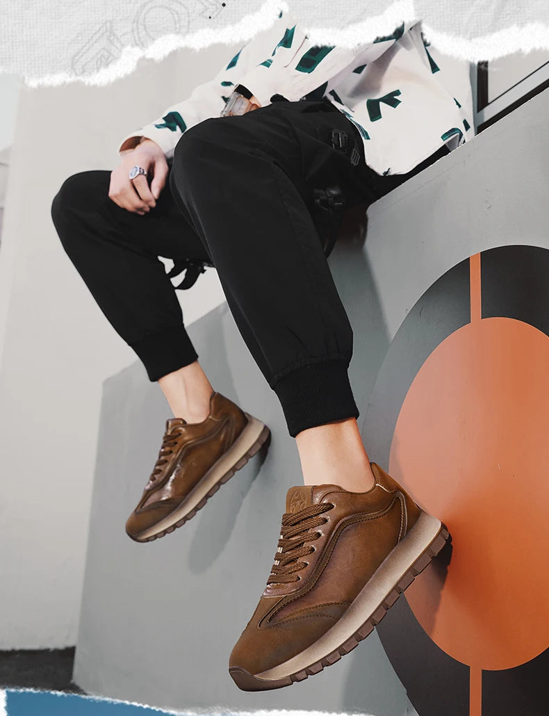 Classic Leather Casual Sneakers Men Comfortable Men's Spring Autumn Sneakers Platform Shoes Lace Up Brown Black Footwear 2025