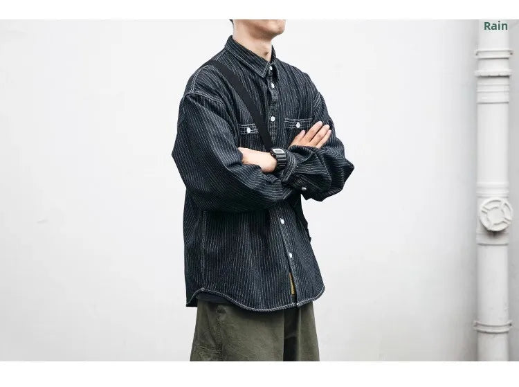 Retro Striped Loose Fit Long Sve Collared Men's Denim irt Spring Faion Workwear Jaet Youthful Wear Resistant Chinese...