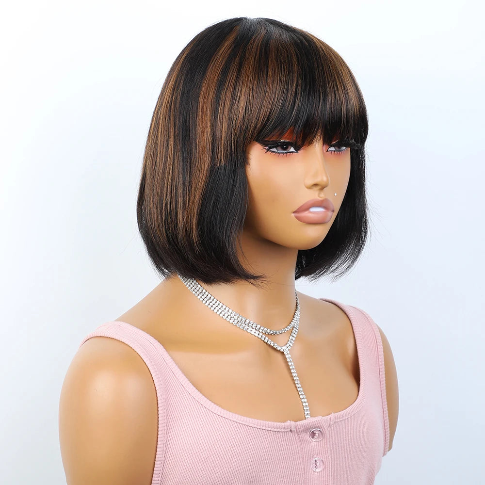 Brazilian Short Straight Hair Bob Wigs Human Hair Wig With Bangs Remy Full Machine Made Wig for Women Brown Honey Color Bob Wig