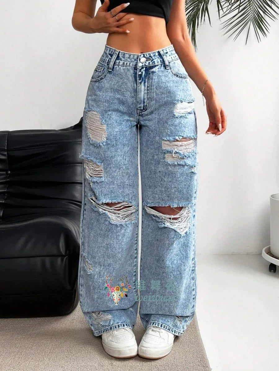 Women's Ripped Boyfriend JEANS Straight Wide-Leg Denim Pants Stretch Holes Denim Trousers Pocket Comfortable High Waist Pants
