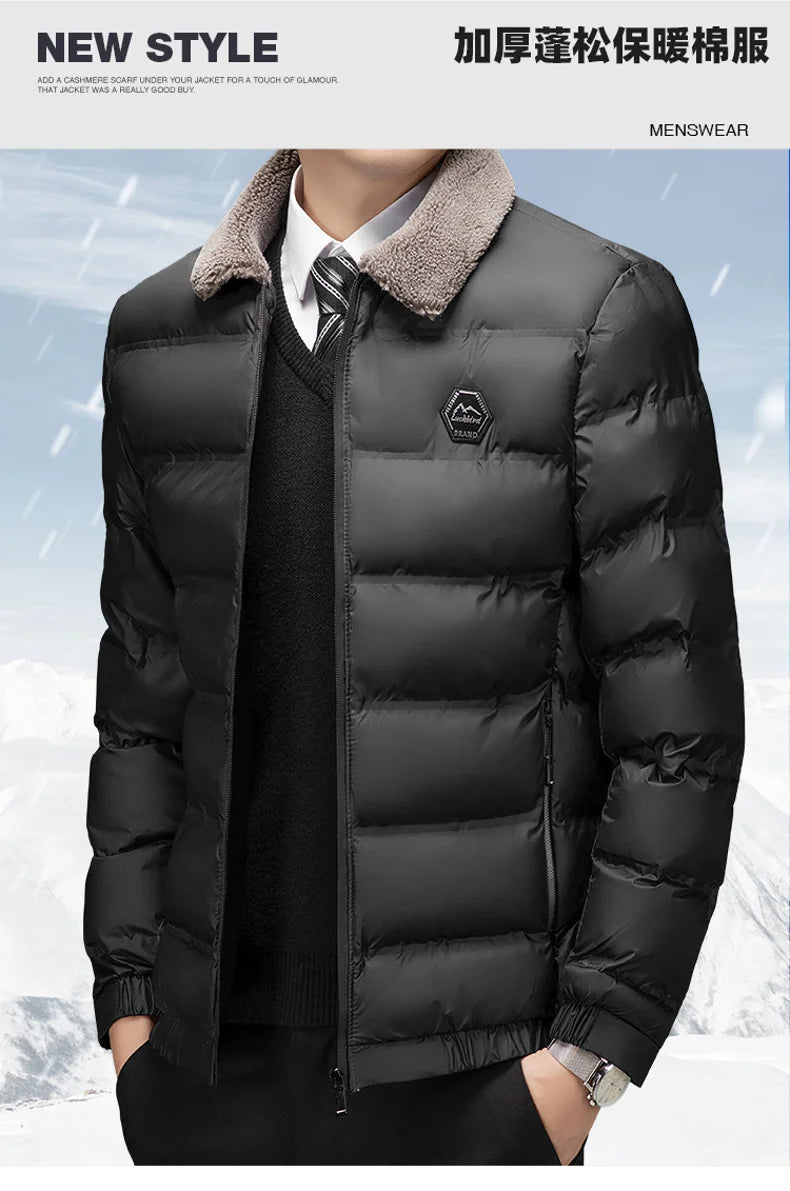 Winter Men Casual Parkas Solid Color Warm Thickened Jacket for Men Quality Turn-down Collar Male Overcoat 2024 Fashion All-match
