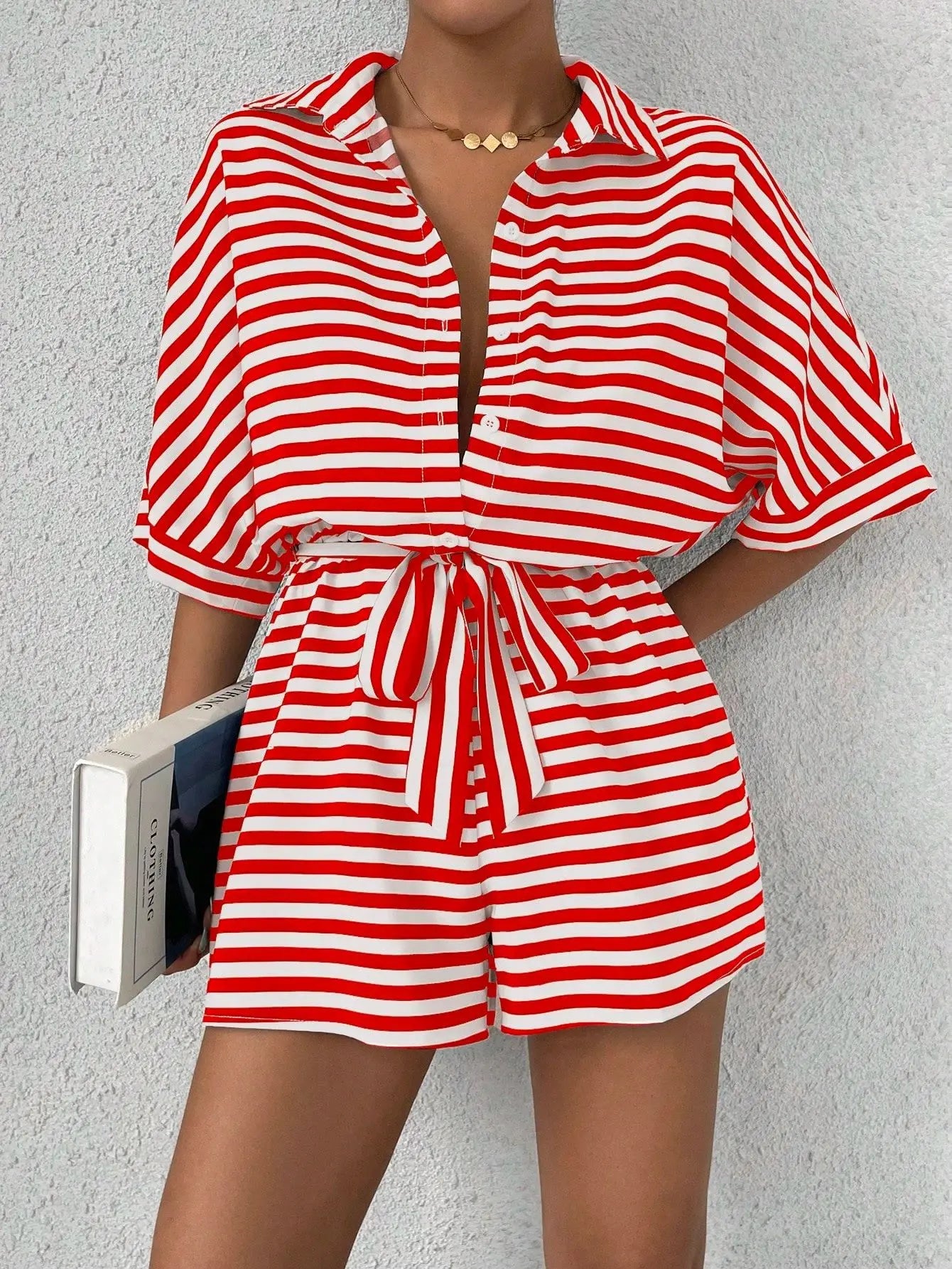 Summer New Set For Women's Casual Loose Comfortable Outfit Fashion Striped Batwing Sleeve Shirt Top+ Shorts 2-piece Sets Woman