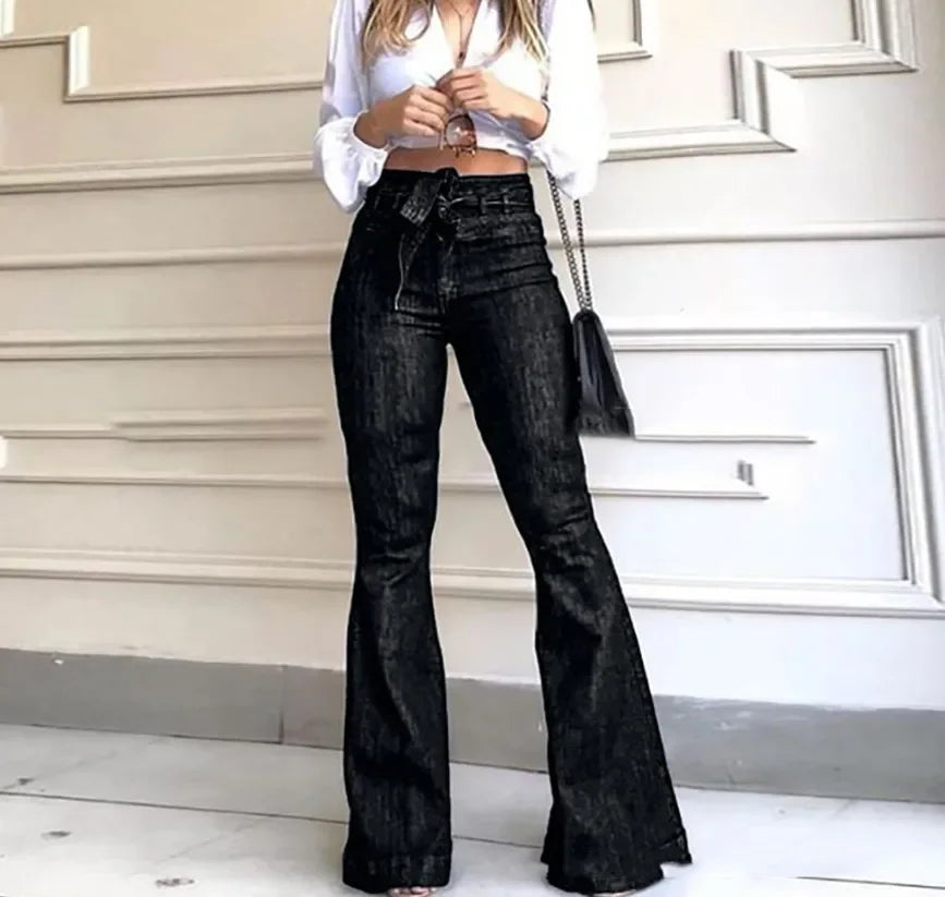 Jeans Women Denim Flare Pant Long Pants Straight Trousers Button Pocket High Waist Slim Fit Splice Casual Regular Autumn 2024