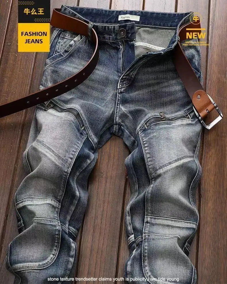 New Spring Autumn Wash Denim Korean Style Blue Designer Cowboy Cycling Motorcycle Splice Vintage Cargo Strech Pant Jean Trousers