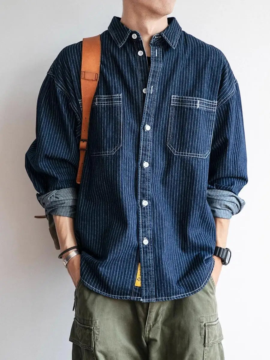 Retro Striped Loose Fit Long Sve Collared Men's Denim irt Spring Faion Workwear Jaet Youthful Wear Resistant Chinese...