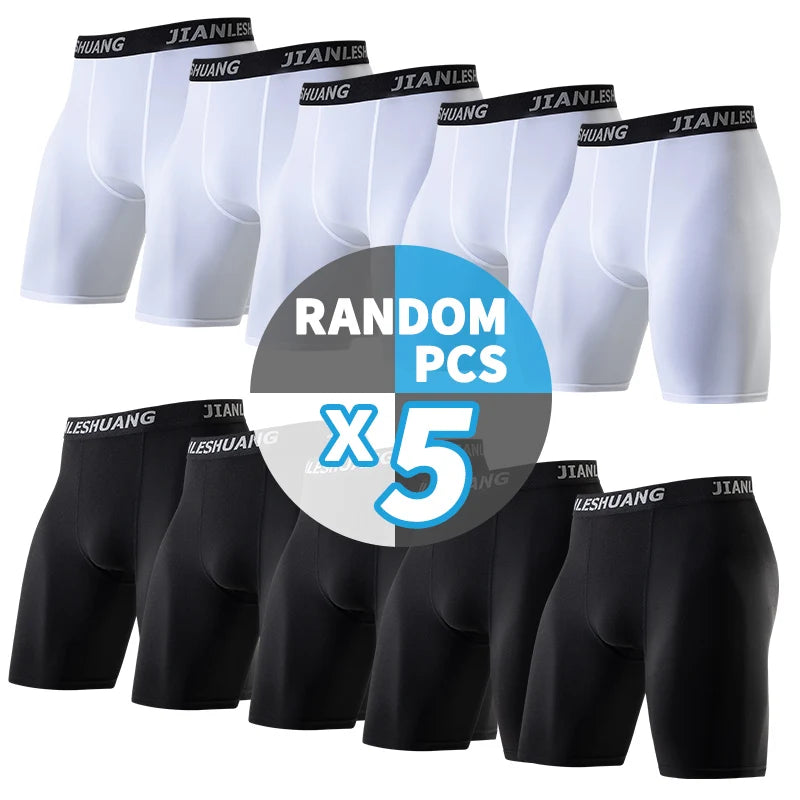 1/5 Pcs Men's Plus Size Black And White Long Sports Underwear Running Fitness Basketball Football Elastic Waist Shorts Teenagers