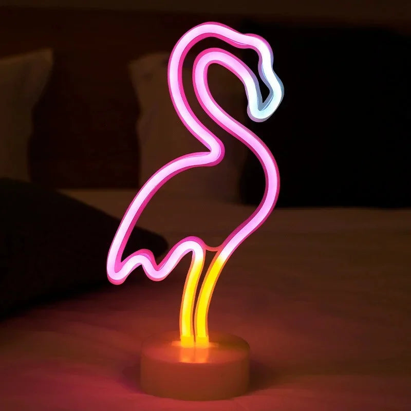 LED Neon Night Light Sign Flamingo Coconut Tree Cactus Table Lamp Kids Birthday Gifts Bedroom Christmas Art Decor Battery/USB