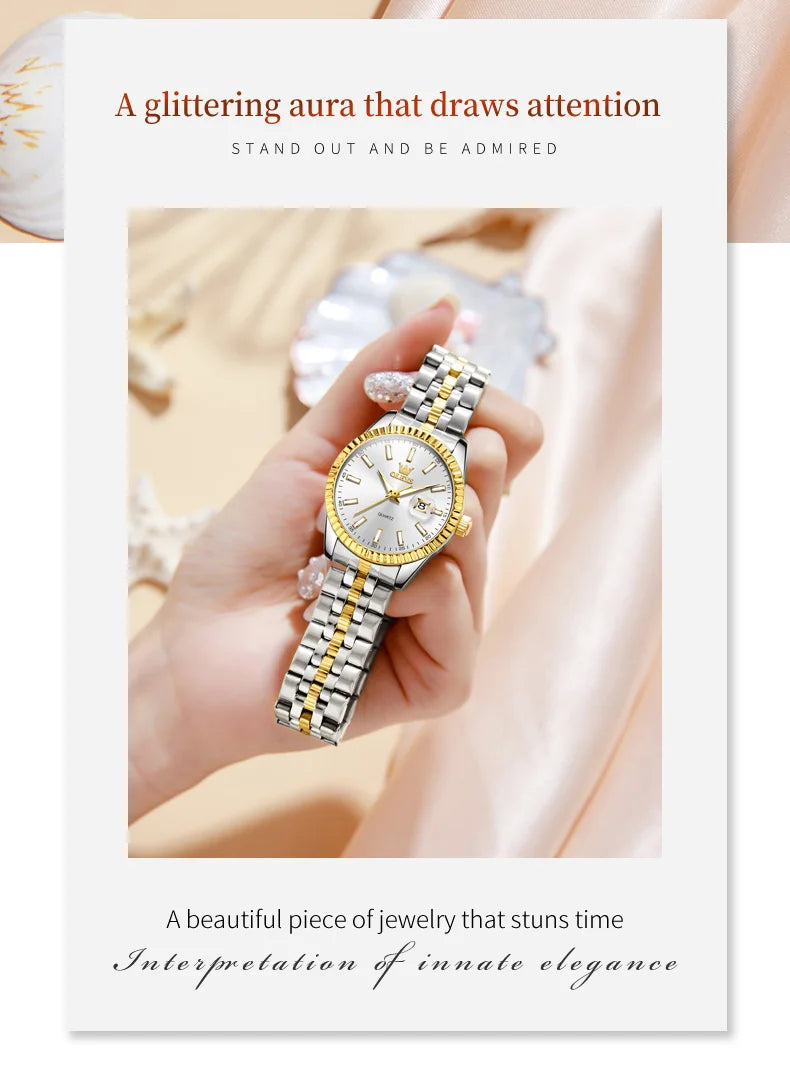 OLEVS 5593 Ladies Watches Original Luxury Quartz Wristwatch Stainless Steel Waterproof Luminous Day Date Watch Bracelet Set ﻿
